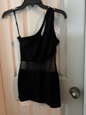 Black One-Shoulder Mesh Insert Mini Dress